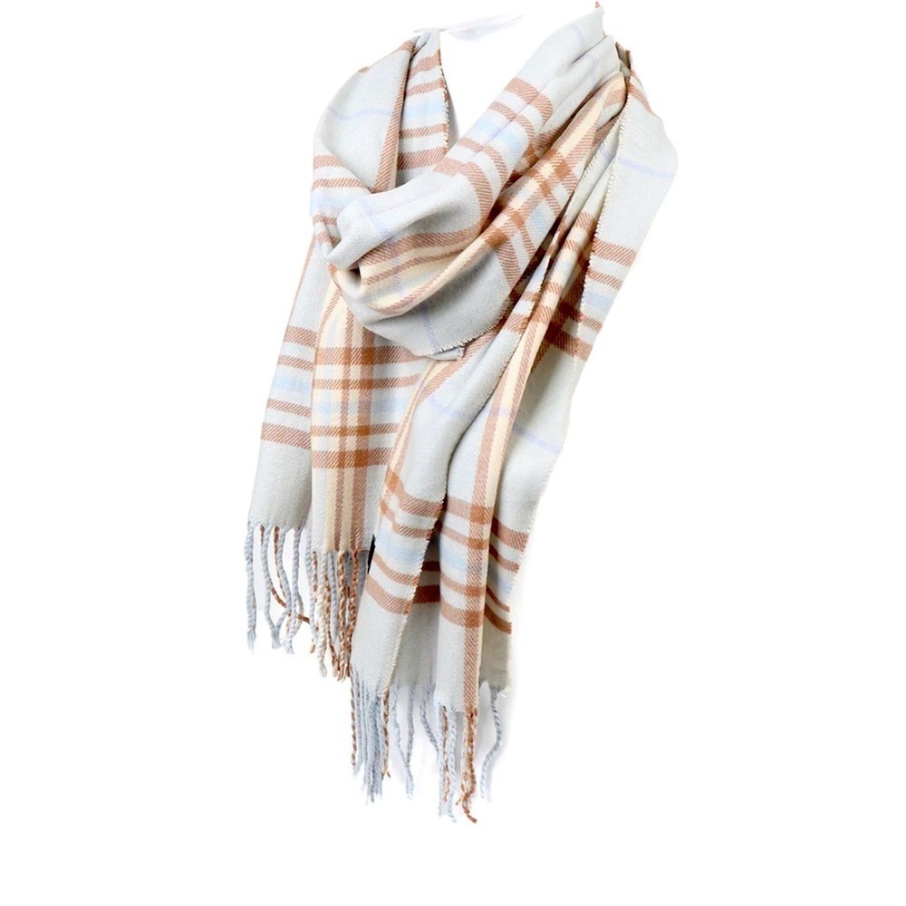 Nollia Plaid Fall/Winter Scarf  Cashmere Feel Blue Tan White Plaid Color NWT